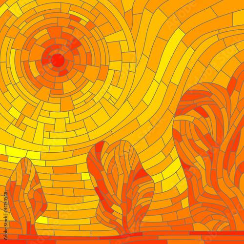 Fototapeta na wymiar Mosaic abstract red sun with trees in yellow tone.