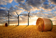 Straw Bales With Wind Turbines In The Sunset