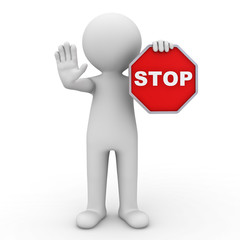 3d man holding stop sign over white background