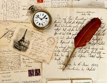 Old Letter And Post Cards With Feather Quill