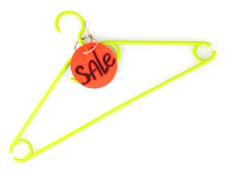 coat hanger with sale tag isolated on white background