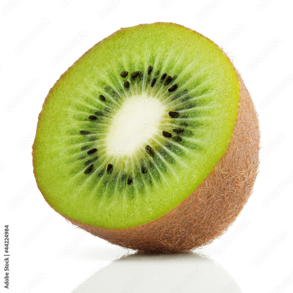 Half of juicy kiwi fruit on white - obrazy, fototapety, plakaty 