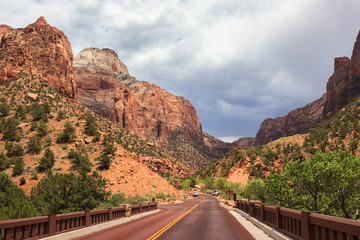 Road through Zion national park in Utah