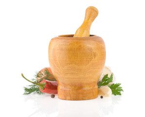 Canvas Print - mortar with pestle and spices vegetable isolated on white