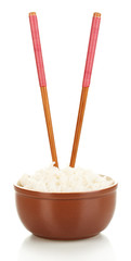 Bowl of rice and chopsticks isoalted on white