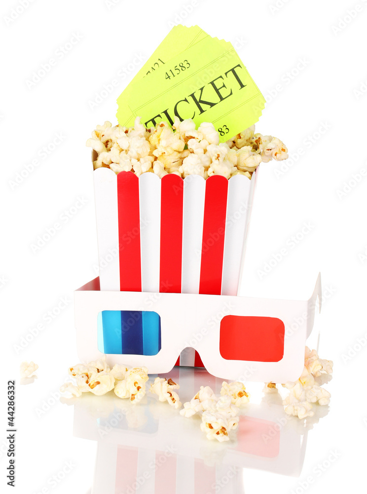 popcorn with glasses and tickets isolated on white