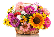 Beautiful Bouquet Of Bright Flowers In Basket Isolated On White