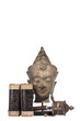buddha head with sutra scroll and prayer wheel