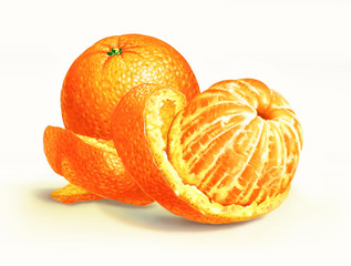 Two oranges isolated on a white surface, with one of them half p