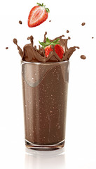 Wall Mural - Strawberries splashing into a chocolate milkshake glass.