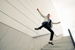 © javiindy - Man, model of fashion, jumping and wearing jacket and shirt