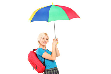 Poster - A smiling female with school bag holding an umbrella