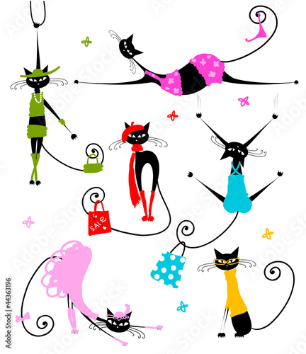 Naklejka na szybę Black cats in fashion clothes for your design