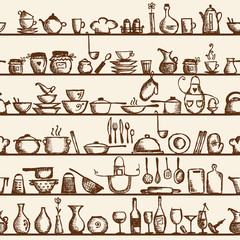 Wall Mural - Kitchen utensils on shelves, sketch seamless pattern