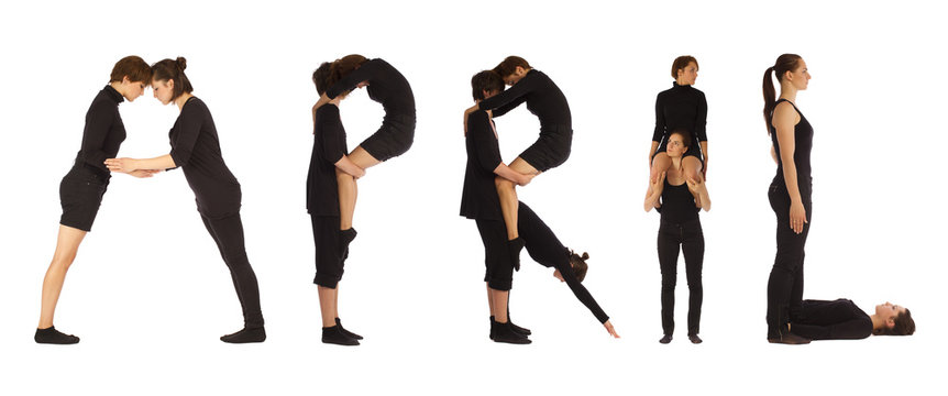 Black dressed people forming APRIL word over white 