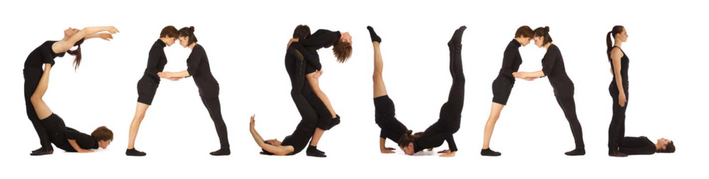 Black dressed people forming CASUAL word over white 