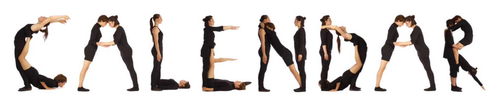 Black dressed people forming CALENDAR word over white 