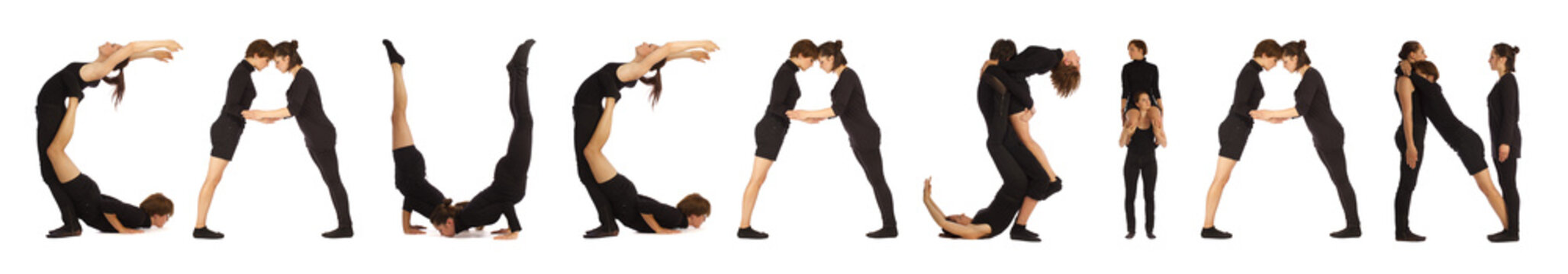 Black dressed people forming CAUCASIAN word over white 