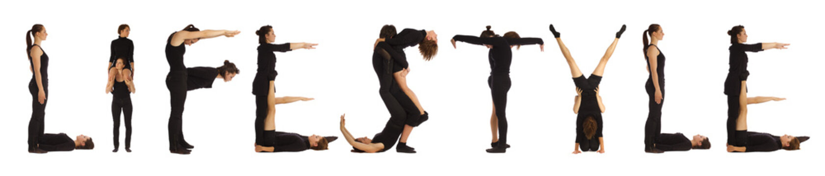 Black dressed people forming LIFESTYLE word over white 