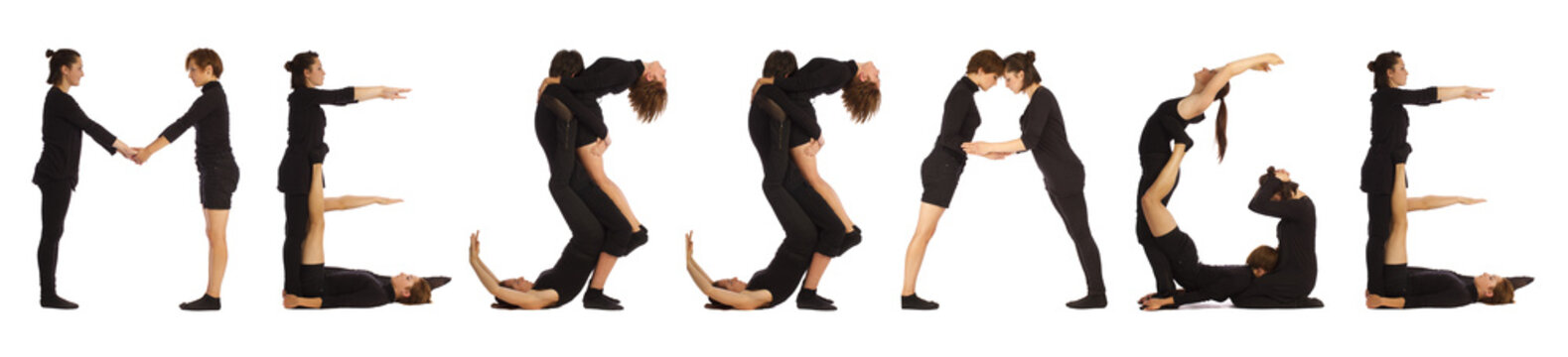 Black dressed people forming MESSAGE word over white 