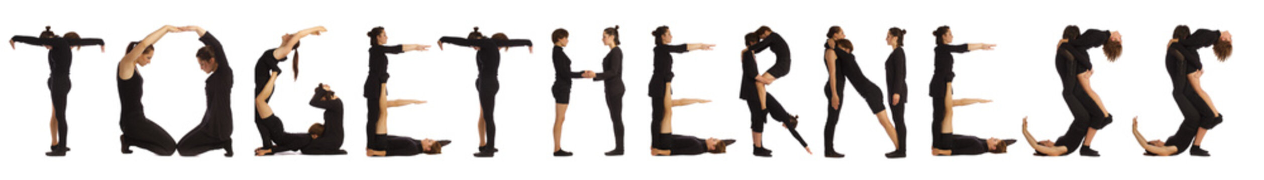 Black dressed people forming TOGETHERNESS word over white 