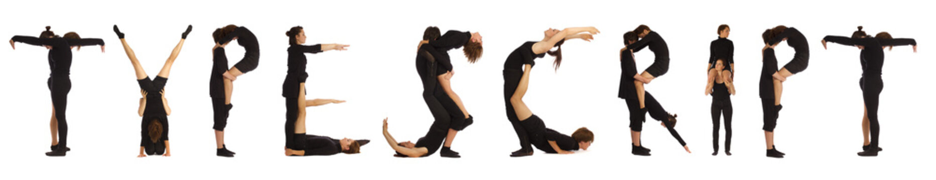 Black dressed people forming TYPESCRIPT word over white 