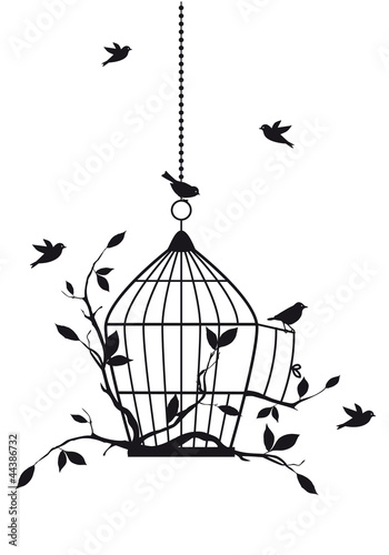 Obraz w ramie free birds with open birdcage, vector