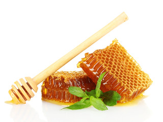 Sticker - sweet honeycombs with mint and drizzler, isolated on white