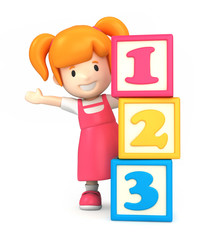 Wall Mural - 3d render of a girl and building blocks with 123