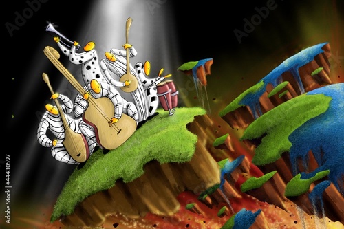 Naklejka - mata magnetyczna na lodówkę illustration of jazz band celebrating life on end of world