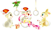 Christmas Set Pretty Cartoon Rabbits Celebrate New Year