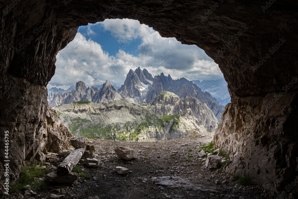 Panorama from man-made caves, Dolomites, Italy. - obrazy, fototapety, plakaty 