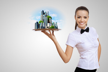 Wall Mural - waitress with a tray with green symbol on it