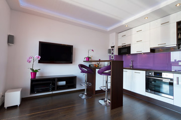 Modern living room with purple kitchen interior