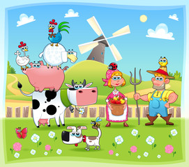 Wall Mural - Funny farm family. Cartoon and vector illustration.