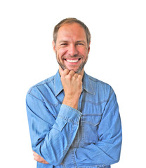 Wall Mural - Smiling man in denim shirt isolated on the white background