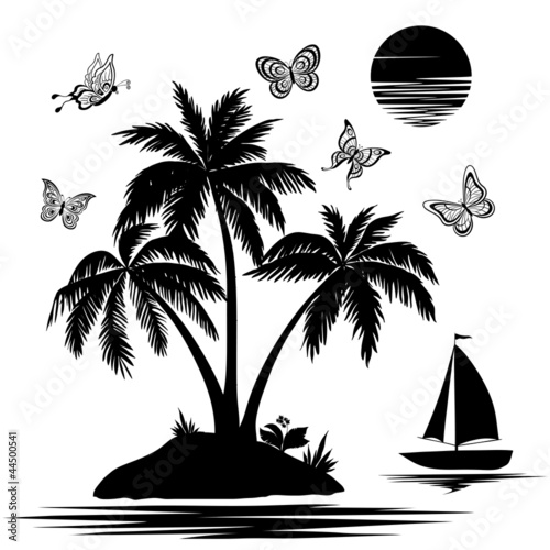 Fototapeta na wymiar Island with palm, ship, butterflies, silhouettes