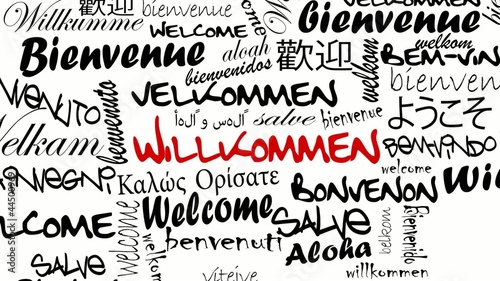 Obraz na plátně Willkommen Internationale schwarz weiß animierte Worten cloud