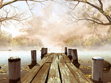 Jesienna Sceneria Z Drewnianym Molo Na Jeziorze