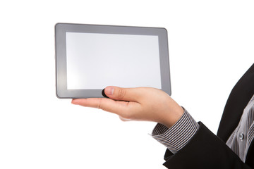 Business man using a touch screen device against white backgroun