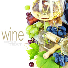 Wall Mural - Glasses of  wine and grapes over white