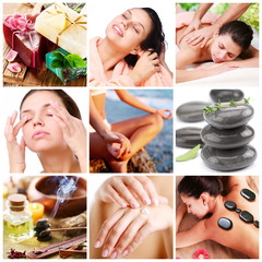 Spa treatments and healthy living. Collage of nine pictures.