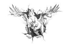 Pegasus Dynamically Breaks Through Space. Illustration Of A Pencil Drawing.