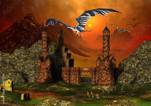 Fototapeta do kuchni Fantasy Scene With A Castle And Dragons