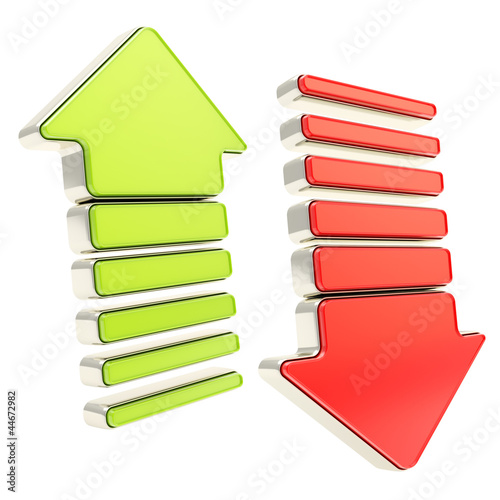 Red down and green up arrows isolated on white