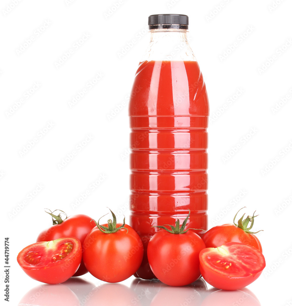 Tomato juice in bottle isolated on white