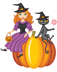 Poster - Witch and a cat sitting on a pumpkin