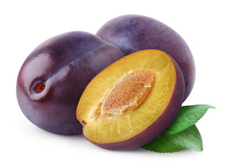 Aufkleber - Isolated plums. Cut fresh blue plum fruits isolated on white background