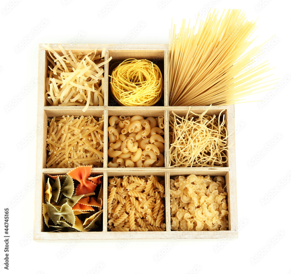 Nine types of pasta in wooden box sections isolated on white