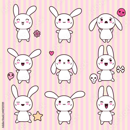 Fototapeta na wymiar Collection of funny and cute happy kawaii rabbits.